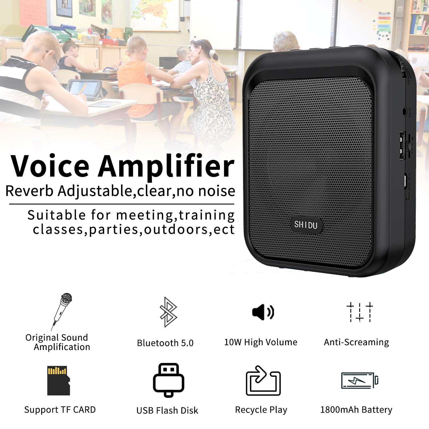 SHIDU Mini Voice Amplifier Portable Rechargeable Bluetooth Speaker with Wired Microphone Headset 10W 1800mAh PA system Supports